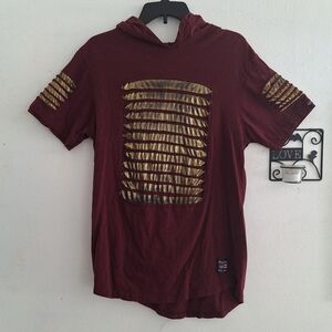 Phat Farm Men's Y2K Burgundy Wine and Gold Metallic Rip Design Hooded T-…